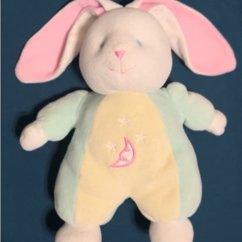 Vintage Pastel Plush Bunny Rabbit – Pink Ears, Moon & Stars Pajamas